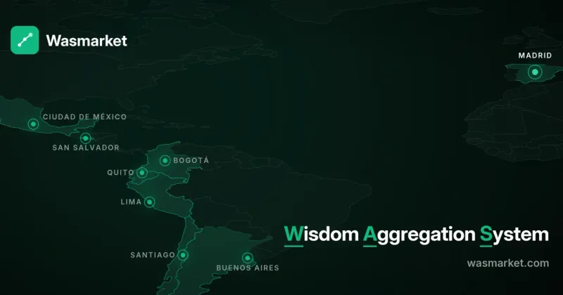 Banner de Wasmarket: mapa de América y España con puntos en Ciudad de México, San Salvador, Bogotá, Quito, Lima, Santiago, Buenos Aires y Madrid, y el lema Wisdom Aggregation System.